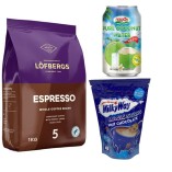 Кофе зерно, горячий шоколад и кокосовая вода